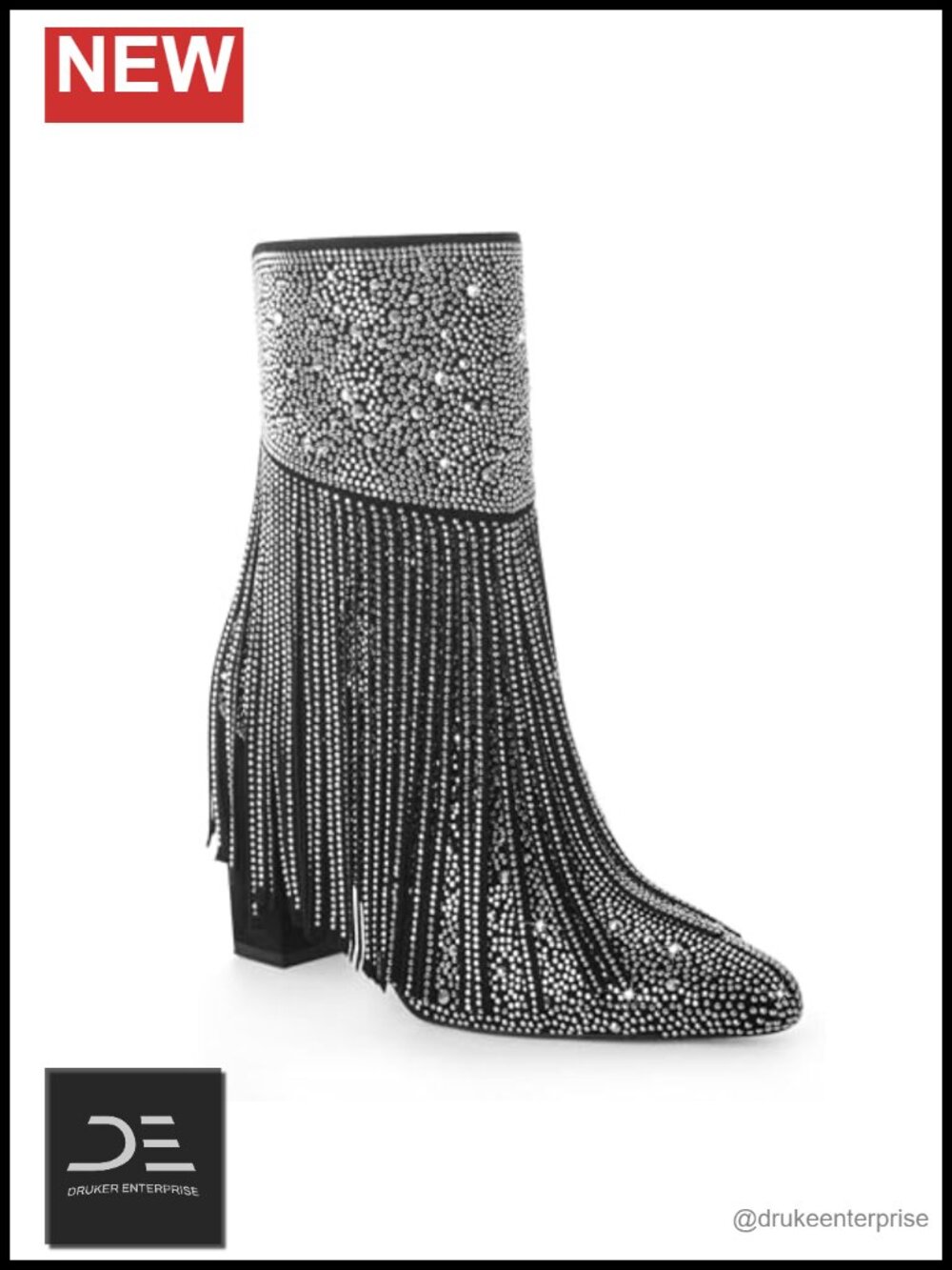 Faux Leather Fringe Rhinestone Cowboy Boots Women Side Zipper Glam Bootie